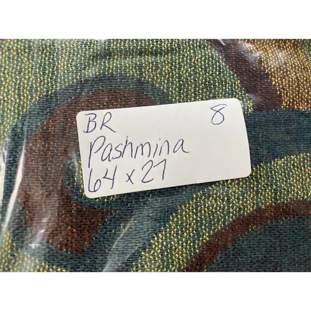 Pashmina Cashmere Silk Scarf Brown Teal Geometric Circles Wrap 64